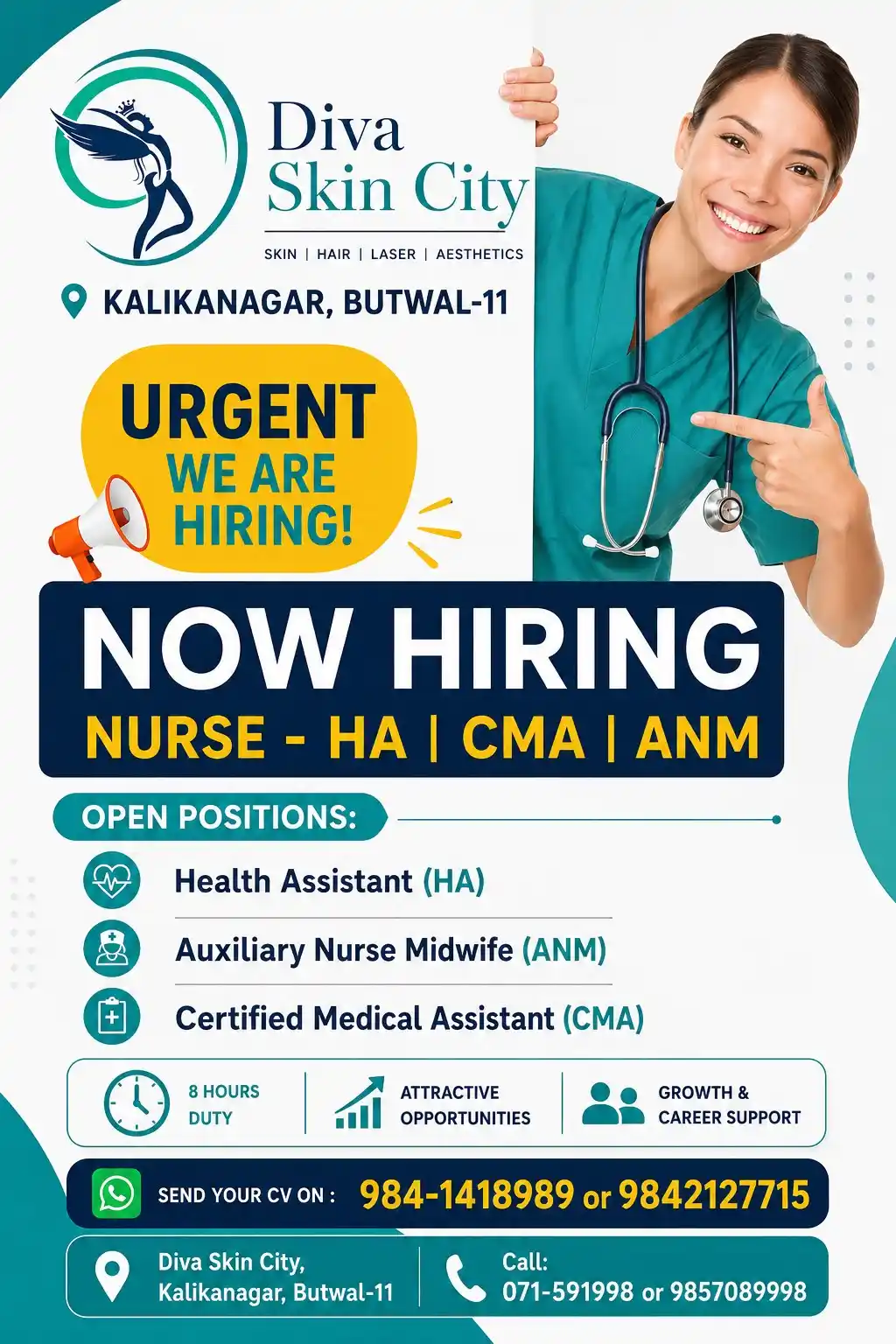 We’re Hiring – Nurse / HA / ANM / CMA at Diva Skin City, Butwal